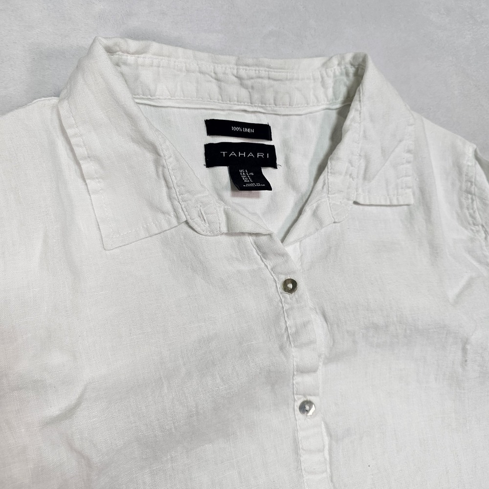 Tahari Tunic Shirt Women's L 100% Linen Long Sleeve Button Up Casual Blouse Top - Picture 2 of 10
